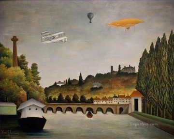 View of the Bridge in Sevres and the Hills of Clamart Saint Cloud and Bellevue with biplane balloon and dirigible Henri Rousseau city Oil Paintings